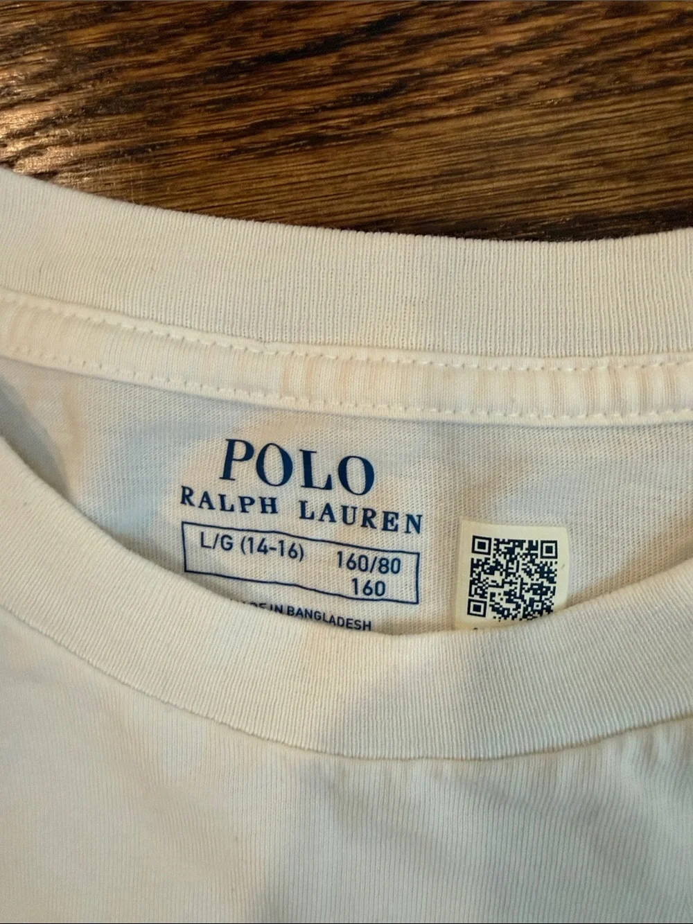 Boys size 14-16 Ralph Lauren Long-Sleeve Crewneck Shirt - White with Navy Logo